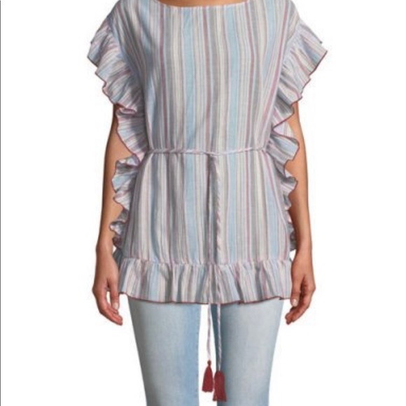 bobeau Tops - Anara Striped Tie-Waist Ruffle-Blouse bobeau Tops - Anara Striped Tie-Waist Ruffle-Blouse